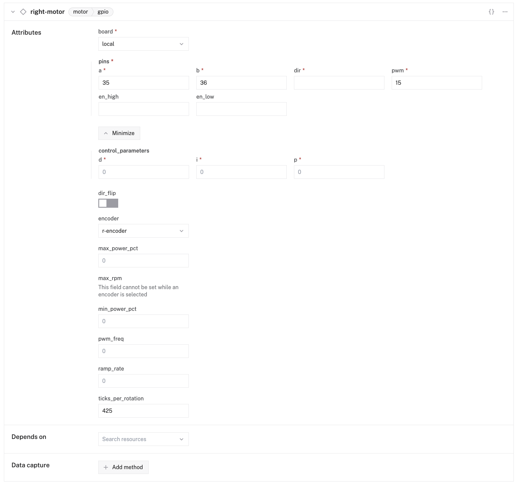 Configuration of a right gpio motor.